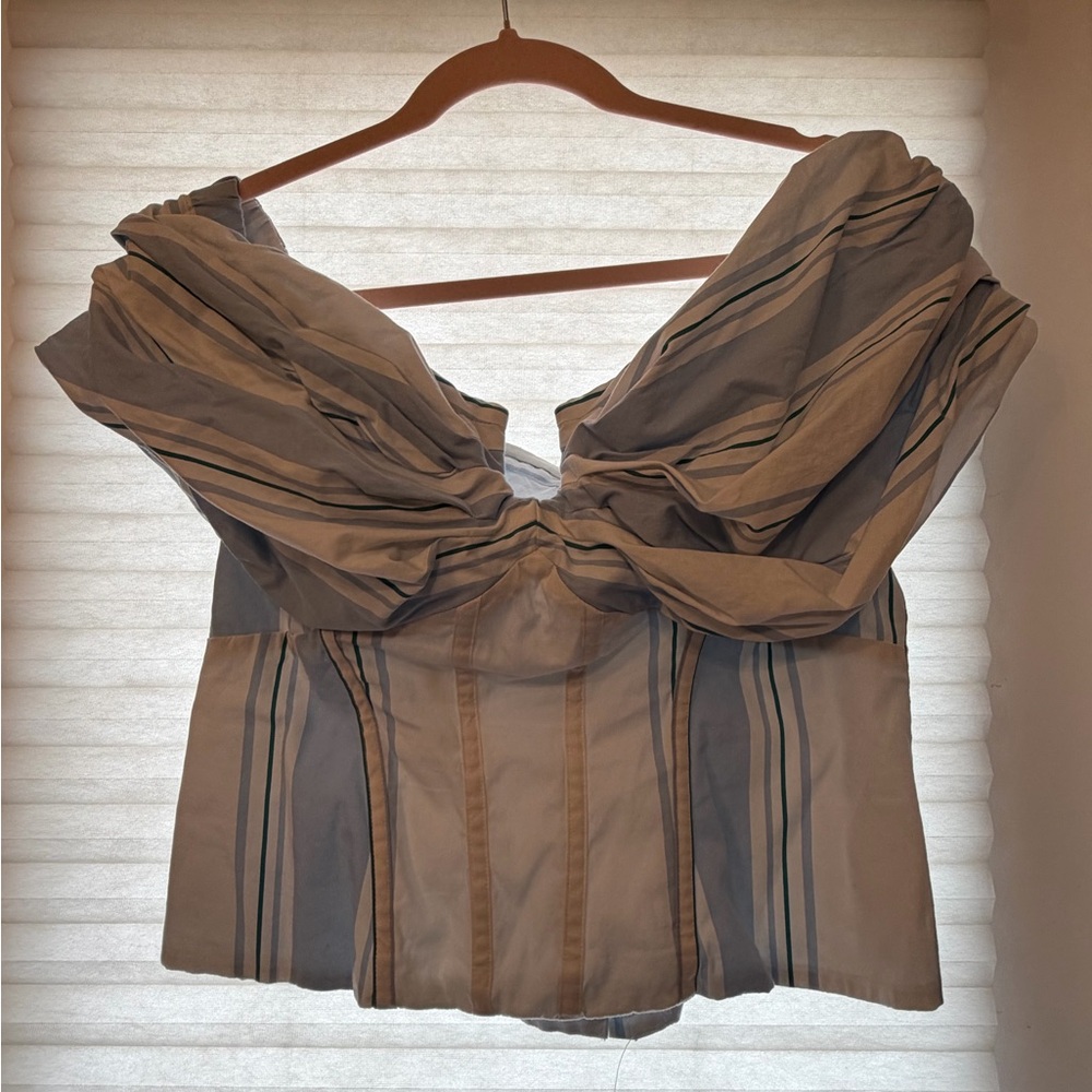 White House Black Market Blue and Beige Off-Shoulder Striped Top